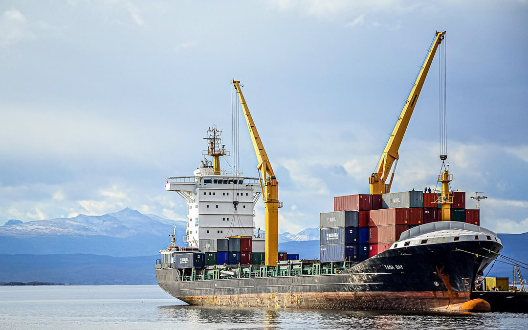 Container ship docked for unloading freight containers, illustrating global logistics and shipping strategy from the South West UK