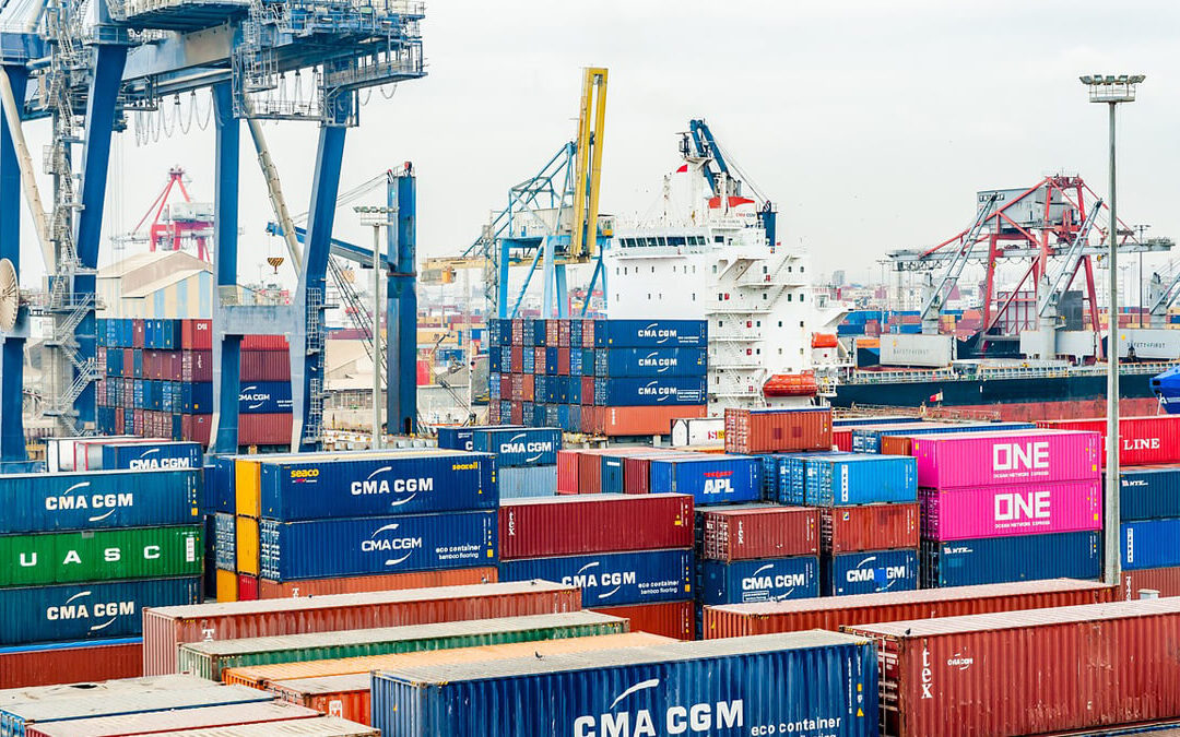 Stacks of colourful shipping containers at a busy international port, representing global trade and freight forwarding from the South West UK.