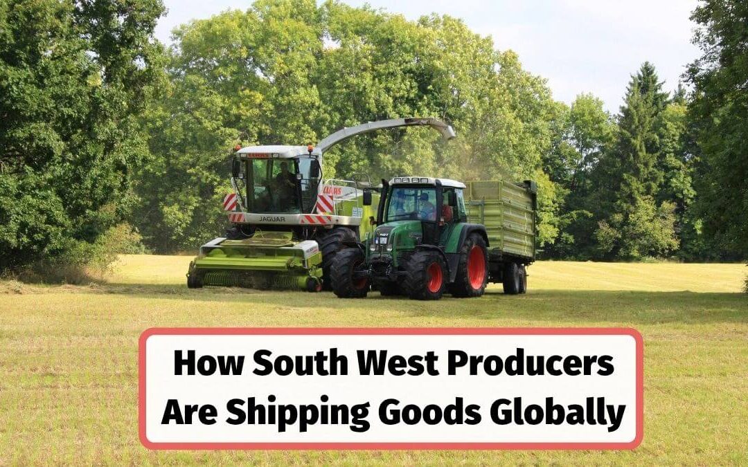 Tractors harvesting in a South West UK field, symbolising how local producers are exporting goods globally.